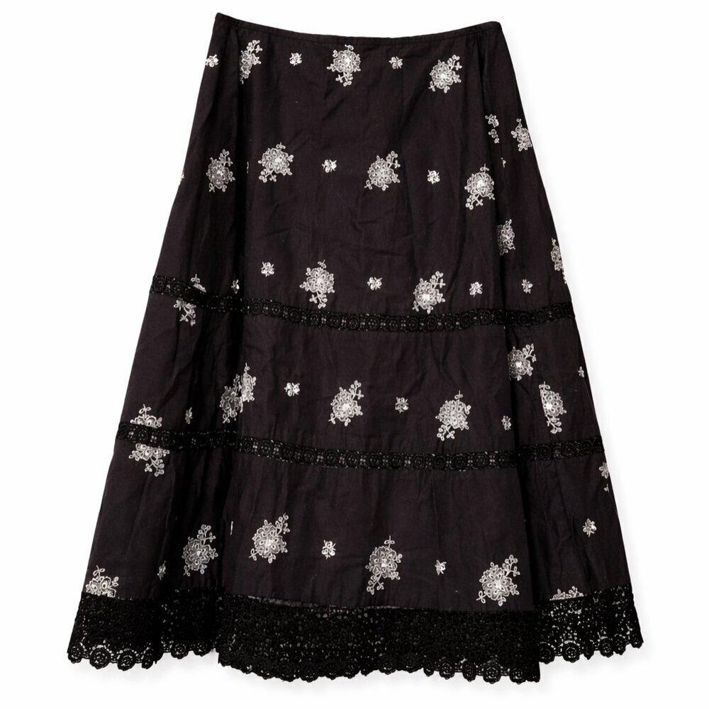Laura Ashley Lace Skirt 10 Floral Embroidered Sequin Black Cotton